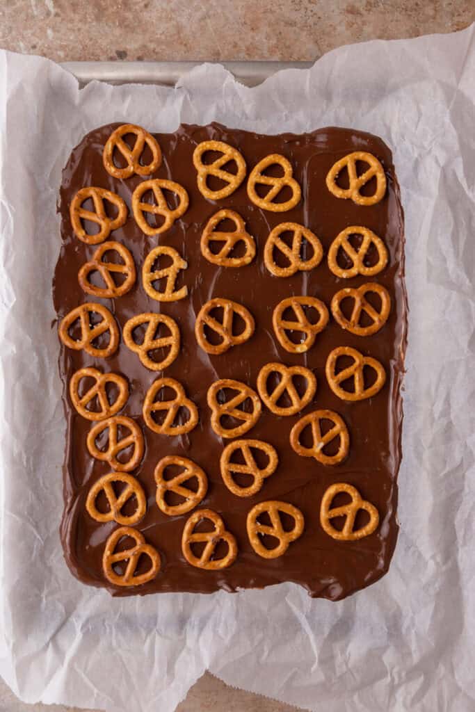 pretzels on top of the chocolate