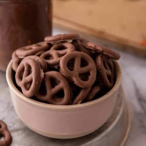 Chocolate covered pretzels recipe in a bowl