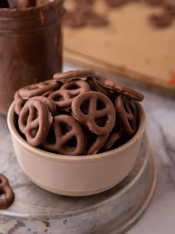 Chocolate covered pretzels recipe in a bowl