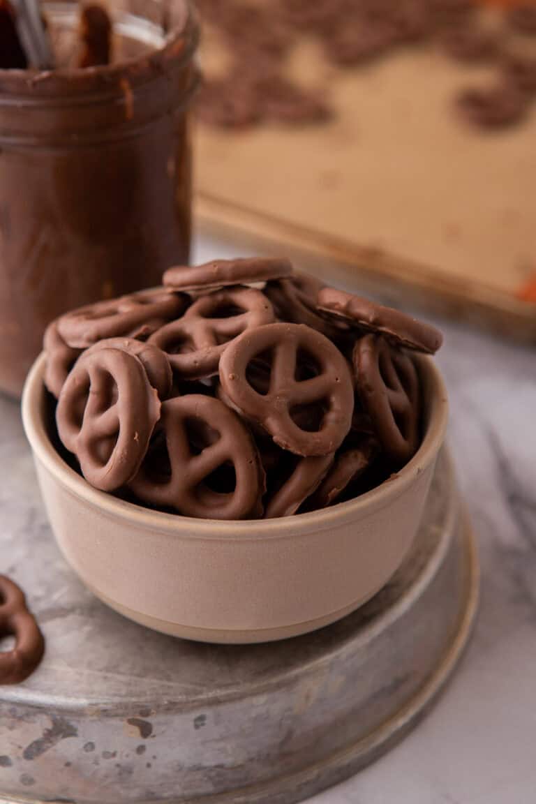 Chocolate covered pretzels recipe in a bowl