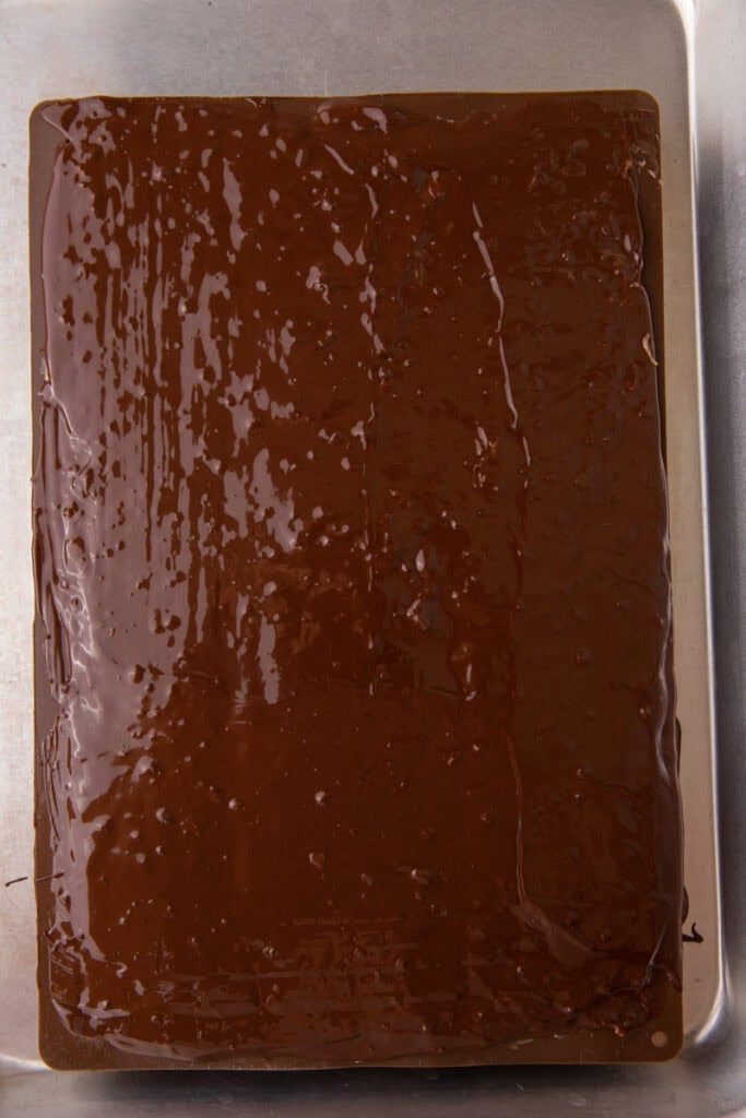 final layer of melted chocolate covering the other ingredients in the mold