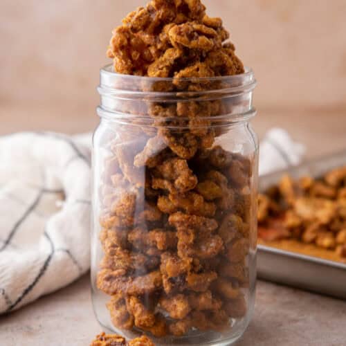 Holiday candied walnuts recipe in a mason jar