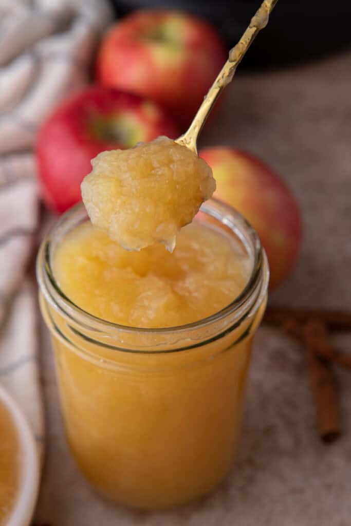 instant pot apple sauce in a spoon