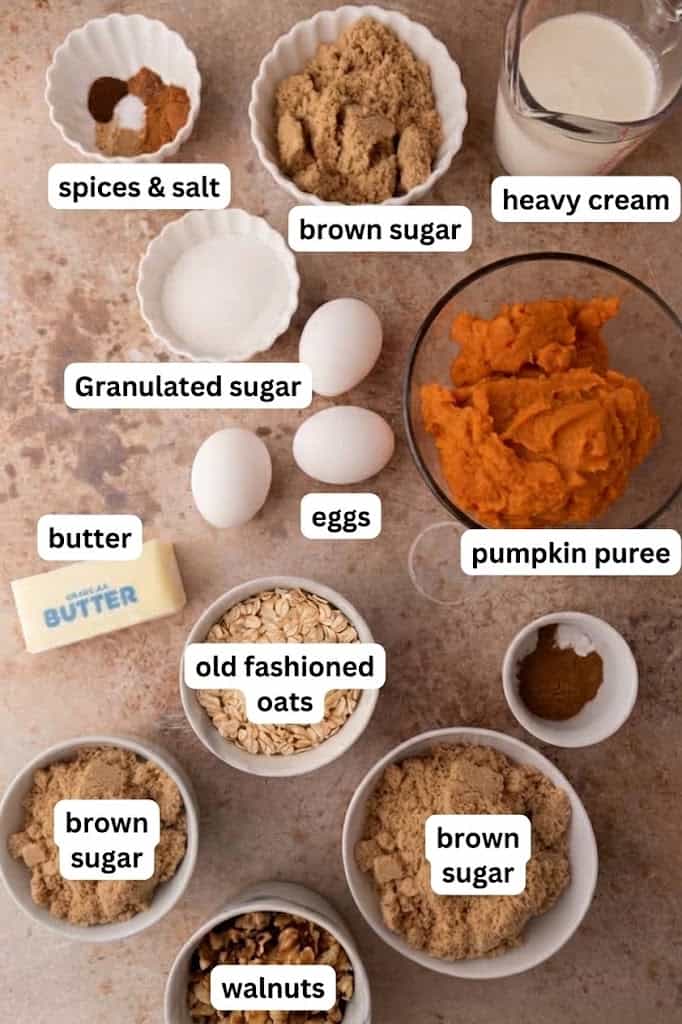 Pumpkin crisp ingredients including pumpkin puree, eggs, oats, brown sugar, butter, flour, walnuts, and ground spices.