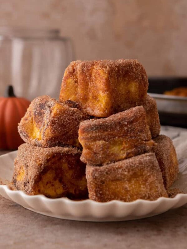 Hawaiian Roll Pumpkin French Toast squares on a plate