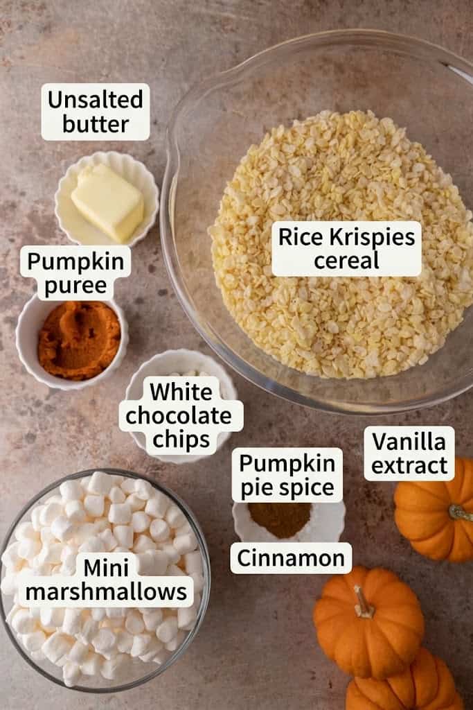 Butter, marshmallows, pumpkin puree, spices, and Rice Krispies cereal measured into bowls on a counter.