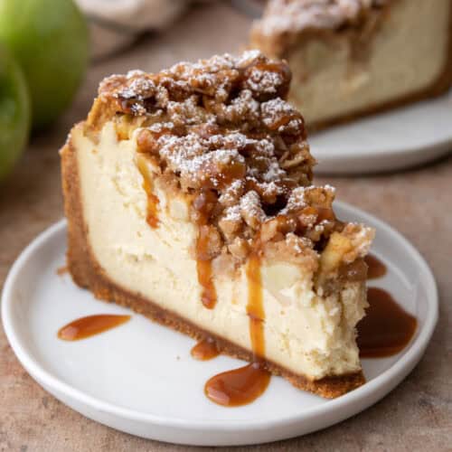 apple crisp cheesecake recipe slice with caramel on top