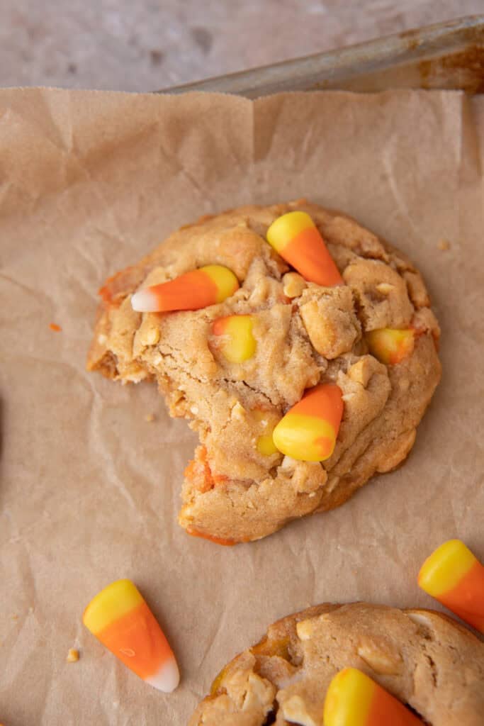 candy corn cookies recipe overhead shot with a bite taken out