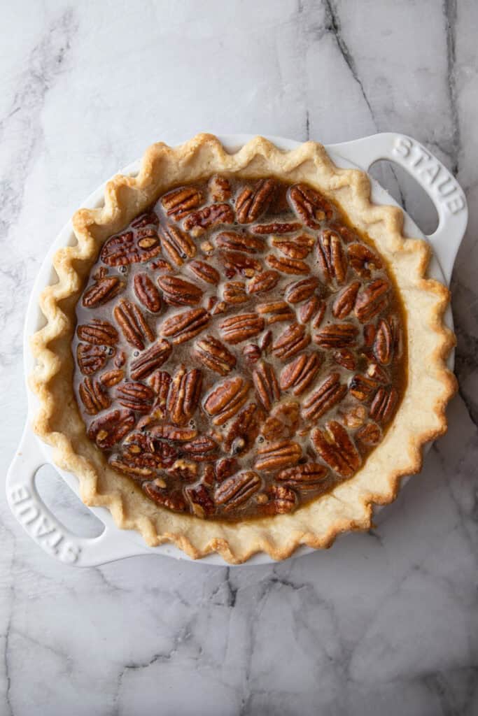 chopped nuts in a crust with batter fully baked