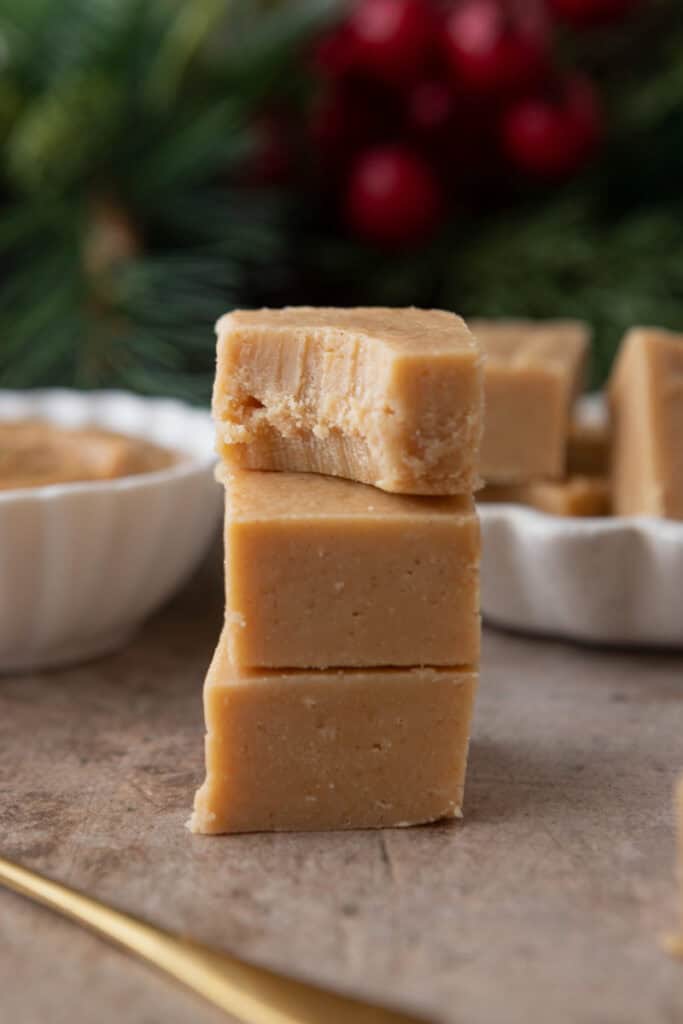 microwave peanut butter fudge recipe stacked on top of each other