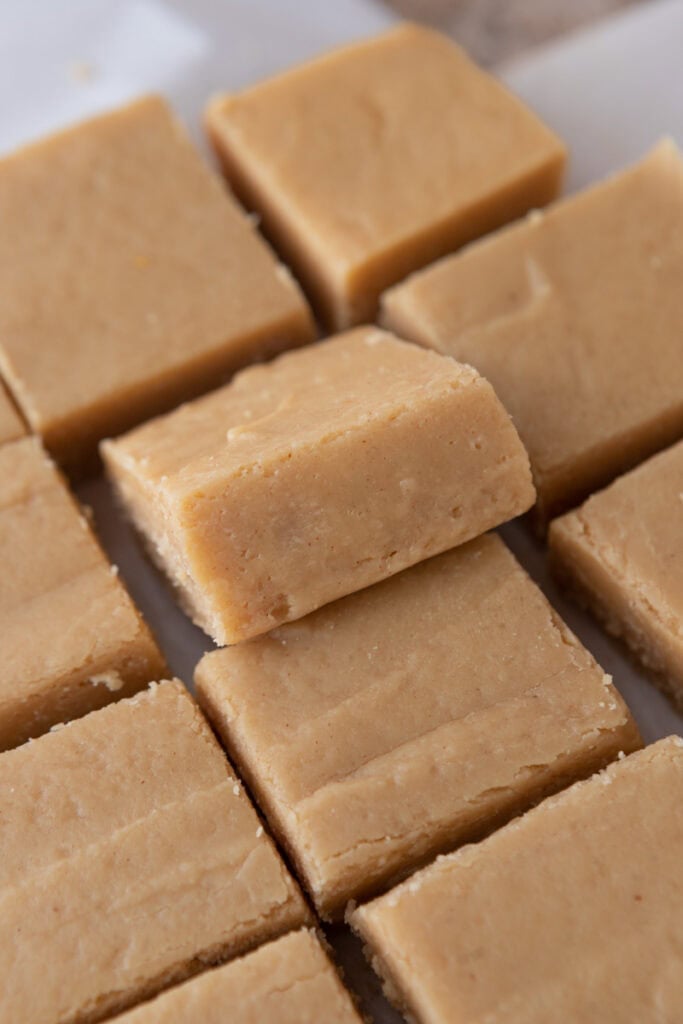 microwave peanut butter fudge recipe cut into squares