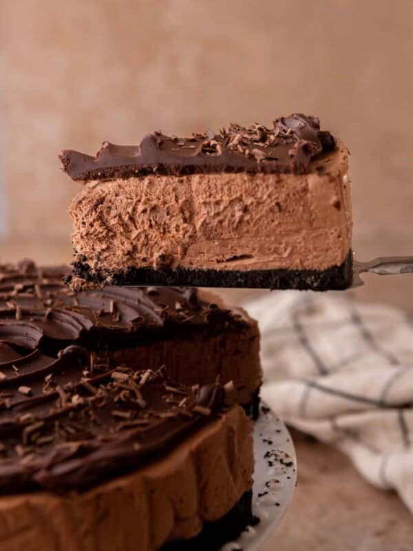 no bake chocolate cheesecake recipe with a slice taken out