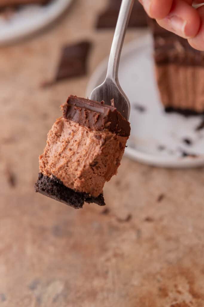 a piece of the no bake chocolate cheesecake recipe on a fork