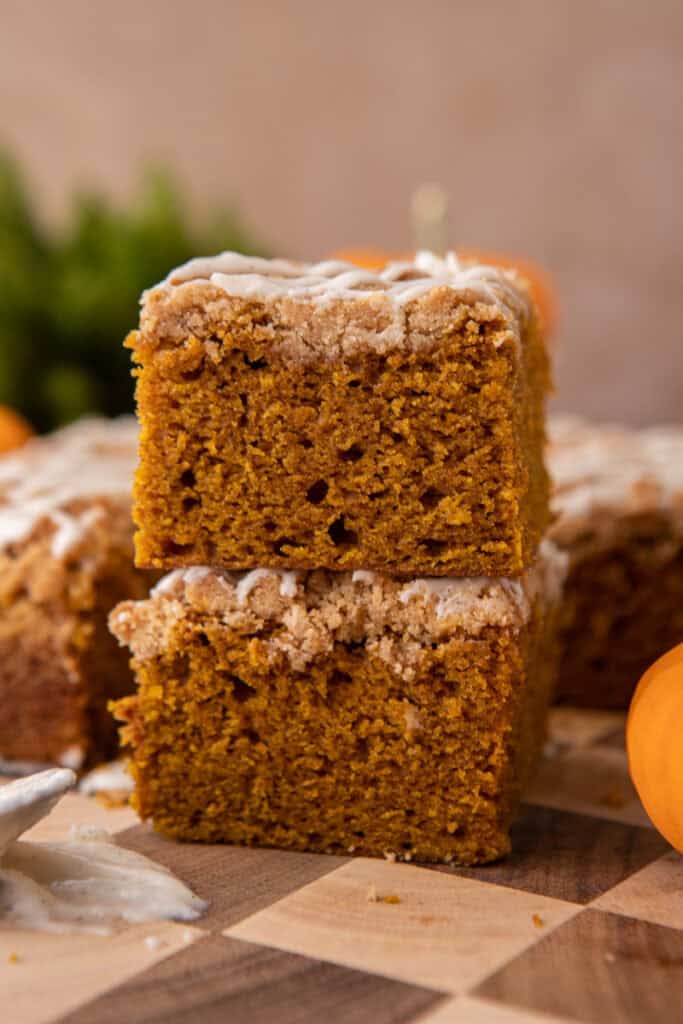 two pumpkin coffee cake recipe stacked on top of each other