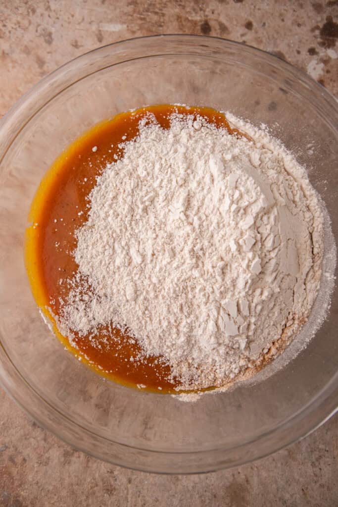 mixed ingredients in a bowl with flour