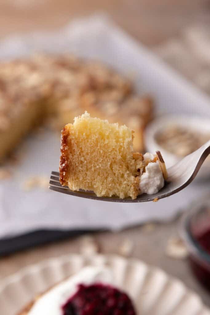 almond cake recipe on a fork