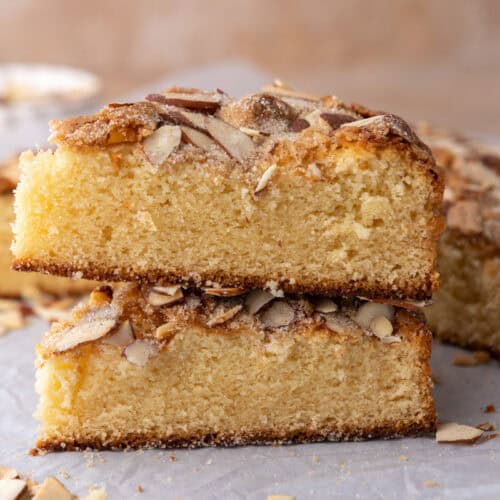 two slices of the almond cake recipe stacked on each other