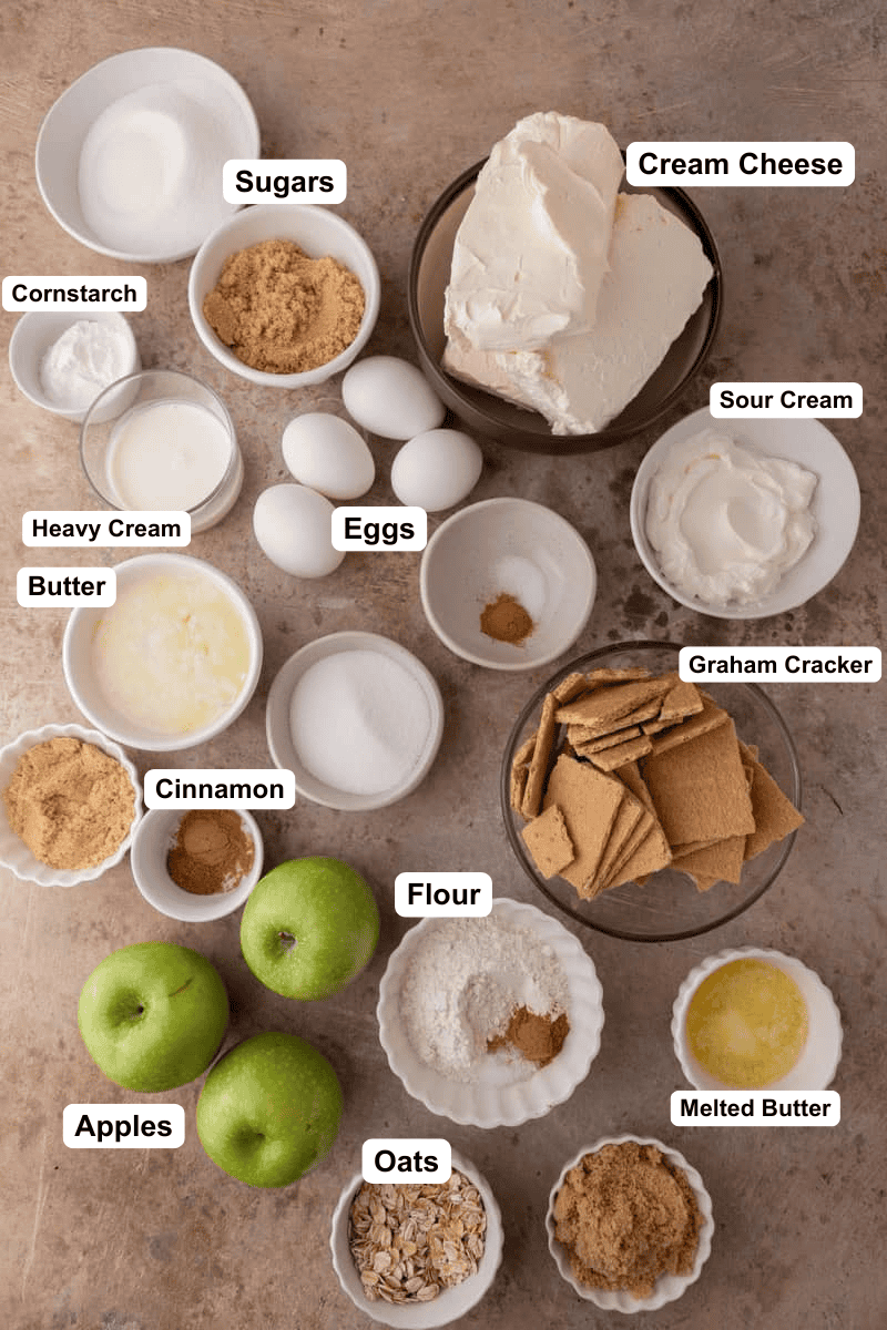 Apple Crisp Cheesecake Recipe ingredients with labels