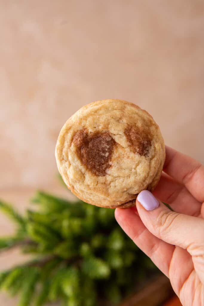 cinnamon roll sugar cookie being held up 