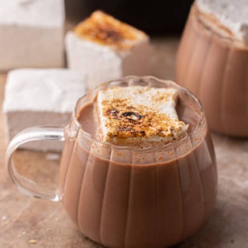 hot cocoa in a crock pot in a glass with a marshmallow