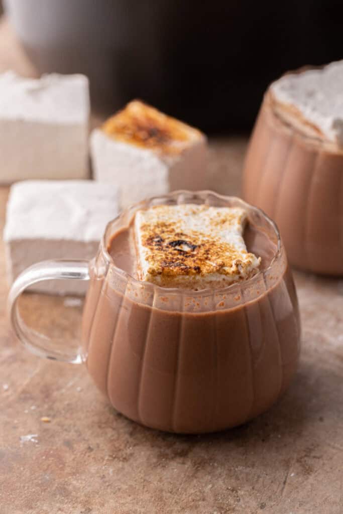 hot cocoa in a crock pot in a glass with a marshmallow