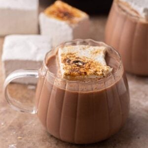 hot cocoa in a crock pot in a glass with a marshmallow