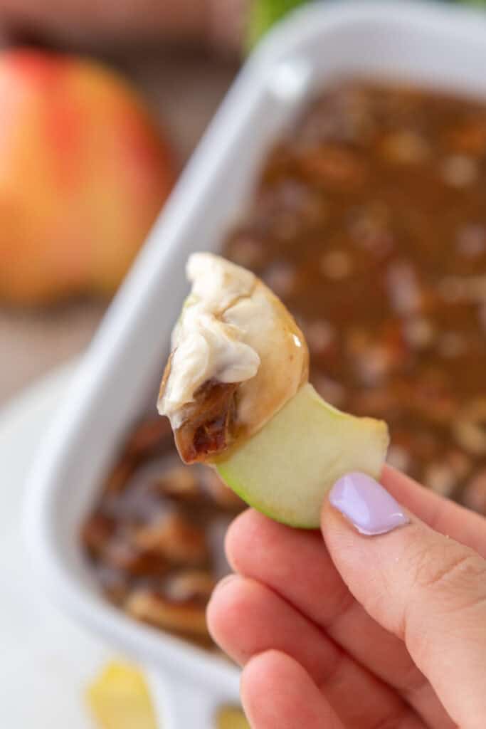 pecan pie dip recipe on an apple