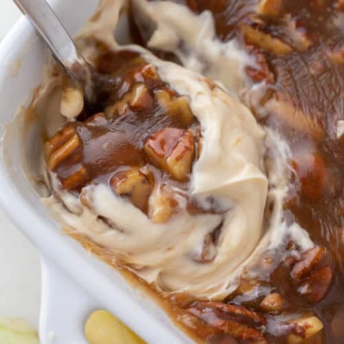 pecan pie dip recipe being scooped