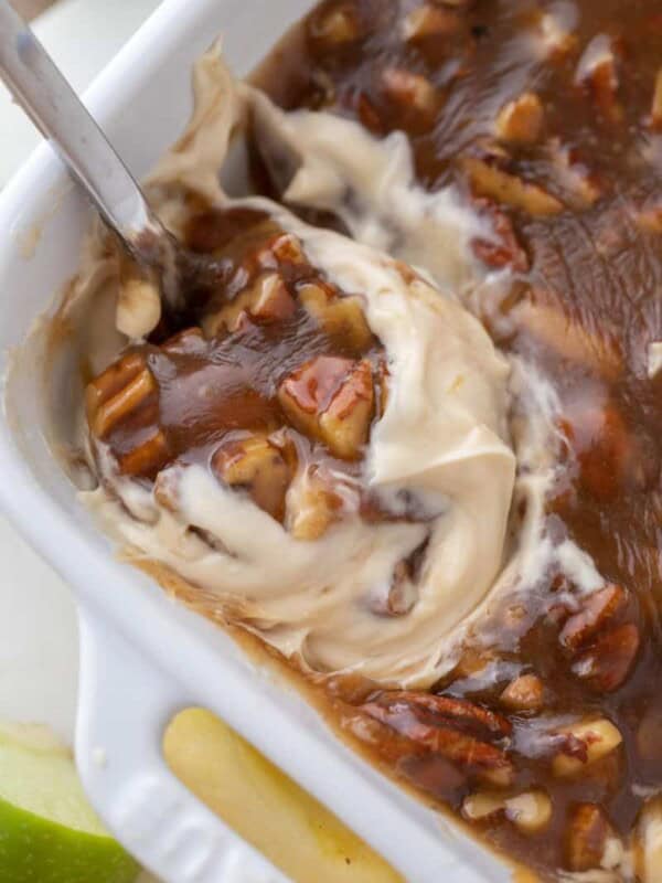 pecan pie dip recipe being scooped