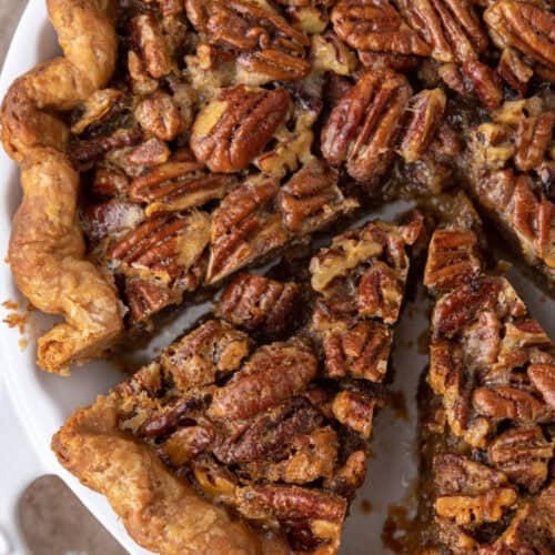 overhead view of the traditional pecan pie recipe in a dish