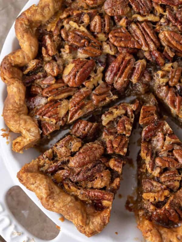 overhead view of the traditional pecan pie recipe in a dish