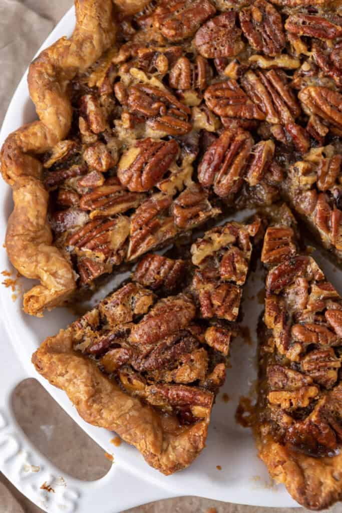 overhead view of the traditional pecan pie recipe in a dish