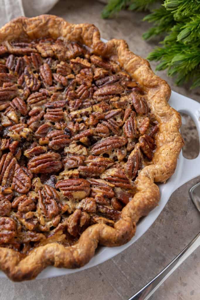 overhead view of the traditional pecan pie recipe in a dish