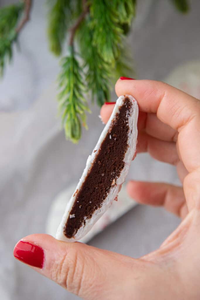 peppermint bark cookies being held up by a hand