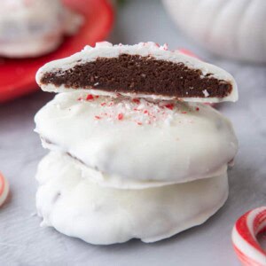 peppermint bark cookies stacked on top of each other