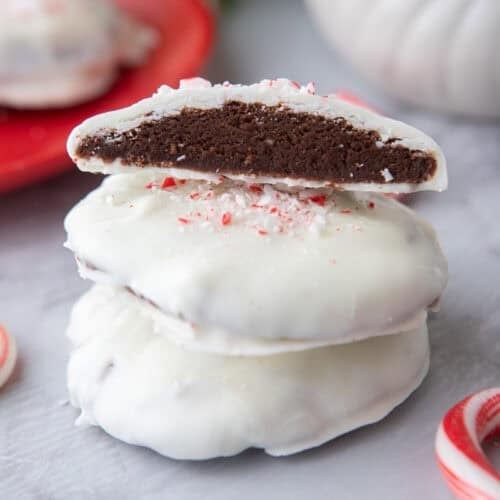 peppermint bark cookies stacked on top of each other