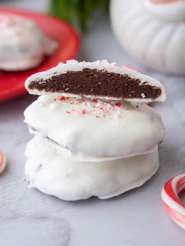 peppermint bark cookies stacked on top of each other