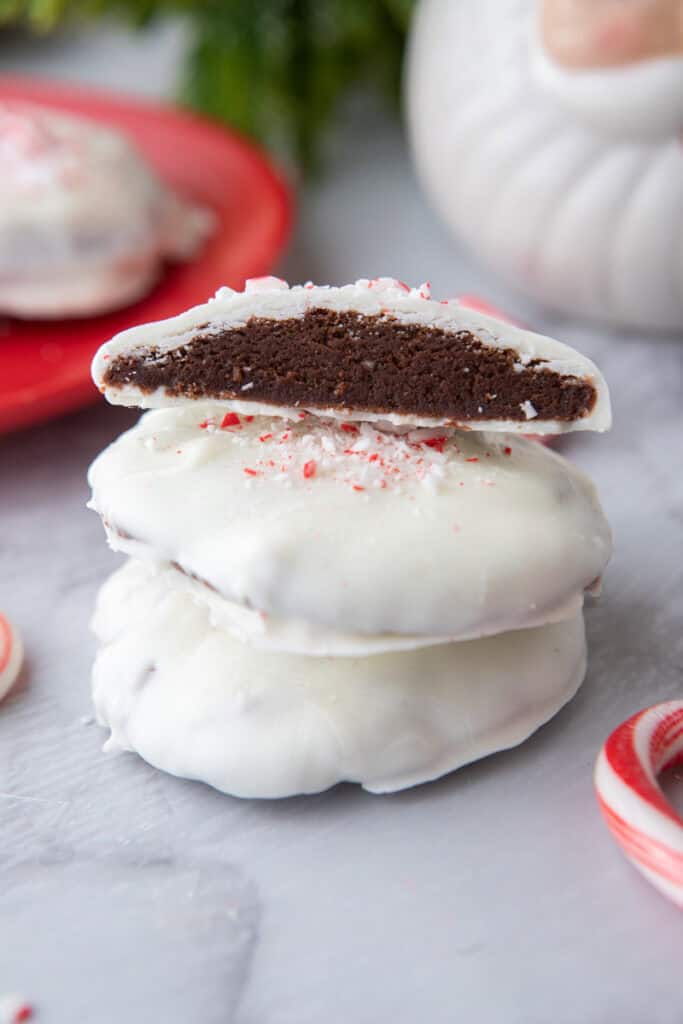 peppermint bark cookies stacked on top of each other