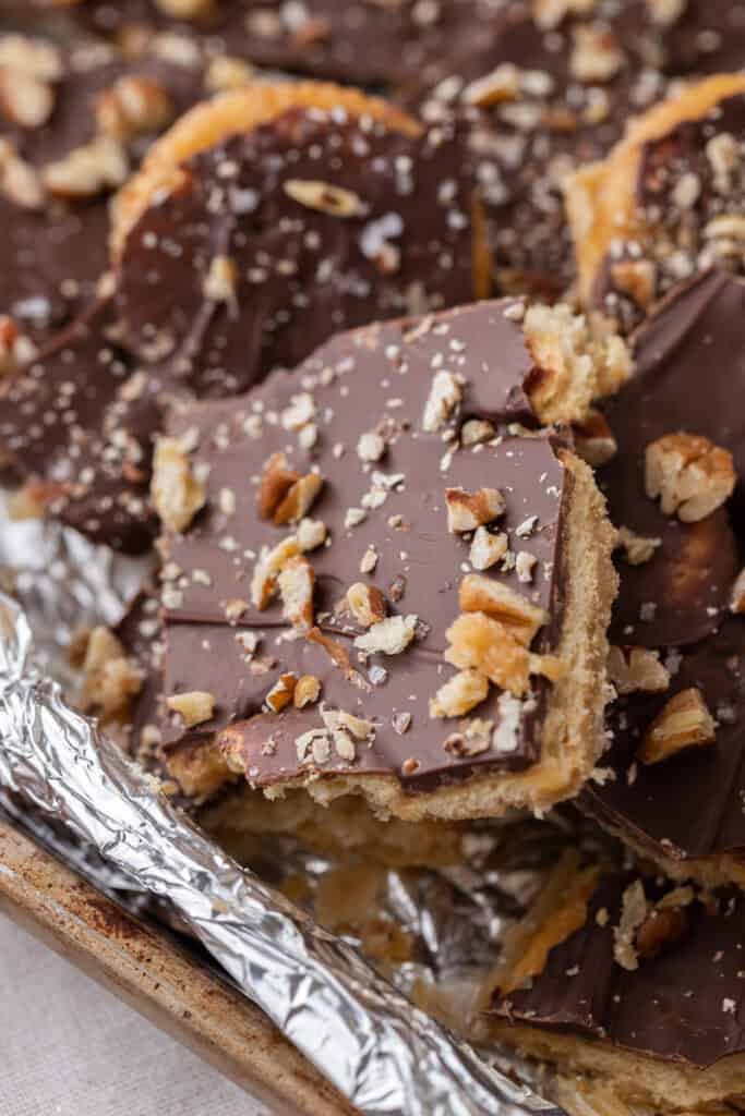 close up shot of the Ritz Cracker Toffee Christmas Crack recipe