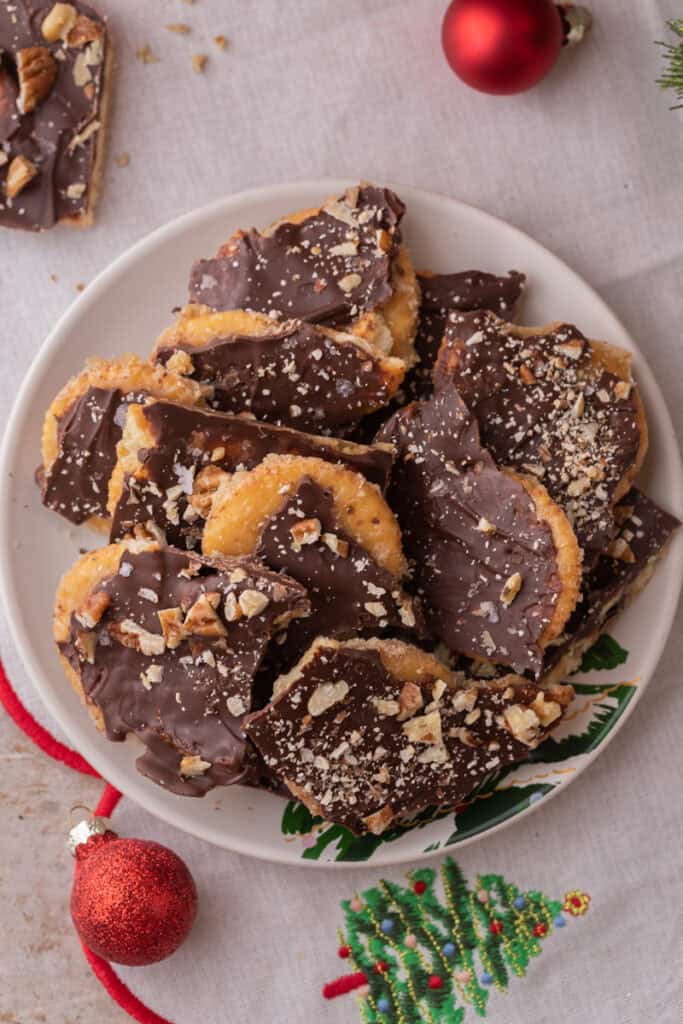 overhead shot of the Ritz Cracker Toffee Christmas Crack recipe