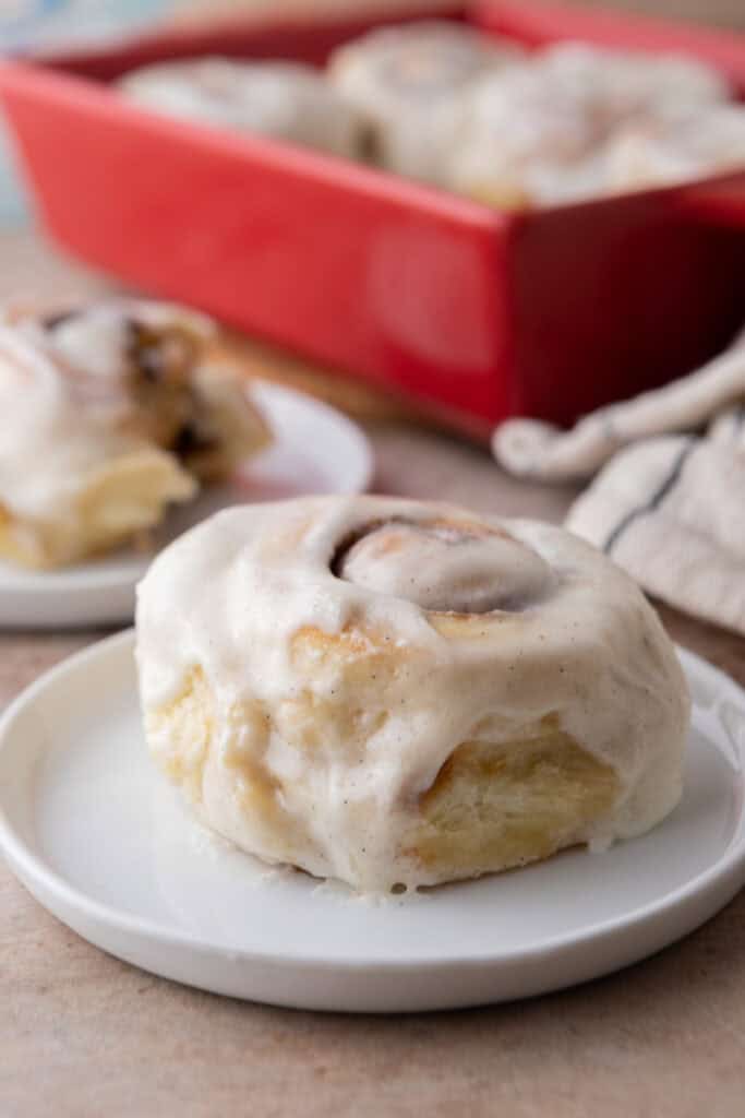 a single Small Batch Cinnamon Rolls on a plate