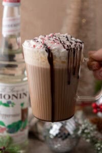 peppermint mocha starbucks recipe being held up by a hand