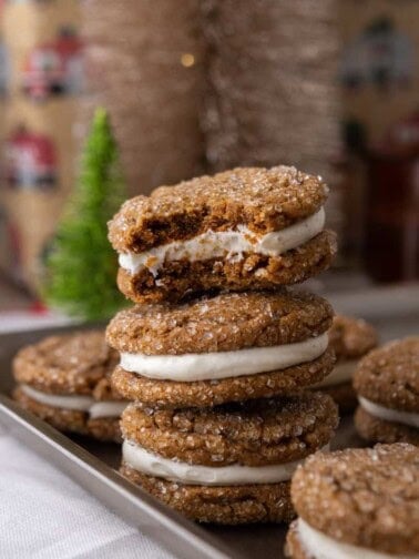 ginger molasses cookie sandwiches stacked on top of each other