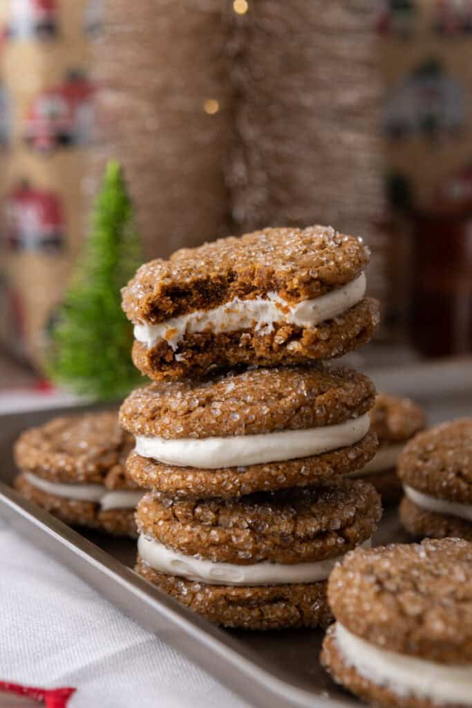 ginger molasses cookie sandwiches stacked on top of each other