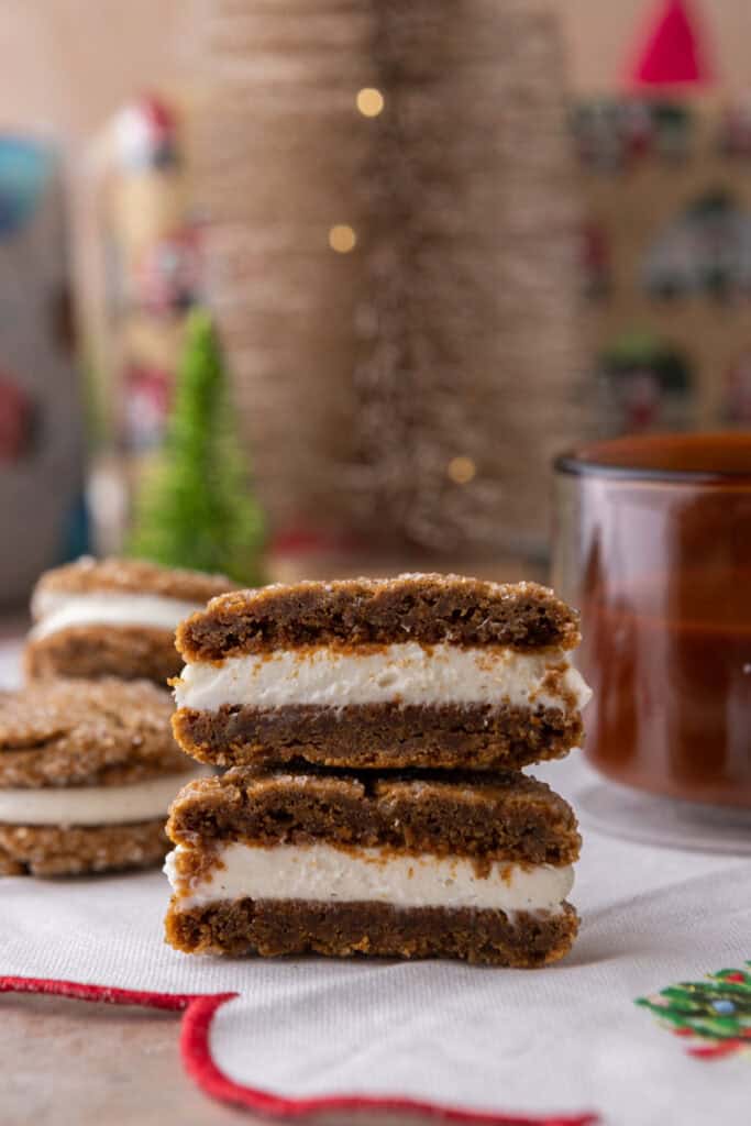 ginger molasses cookie sandwiches stacked on top of each other