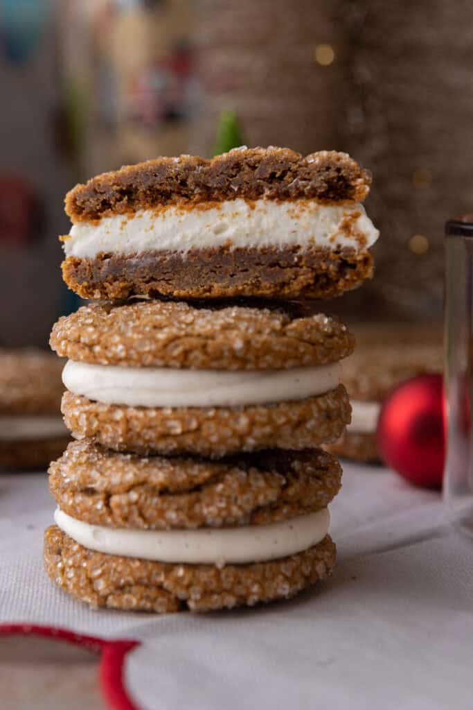 ginger molasses cookie sandwiches stacked on top of each other