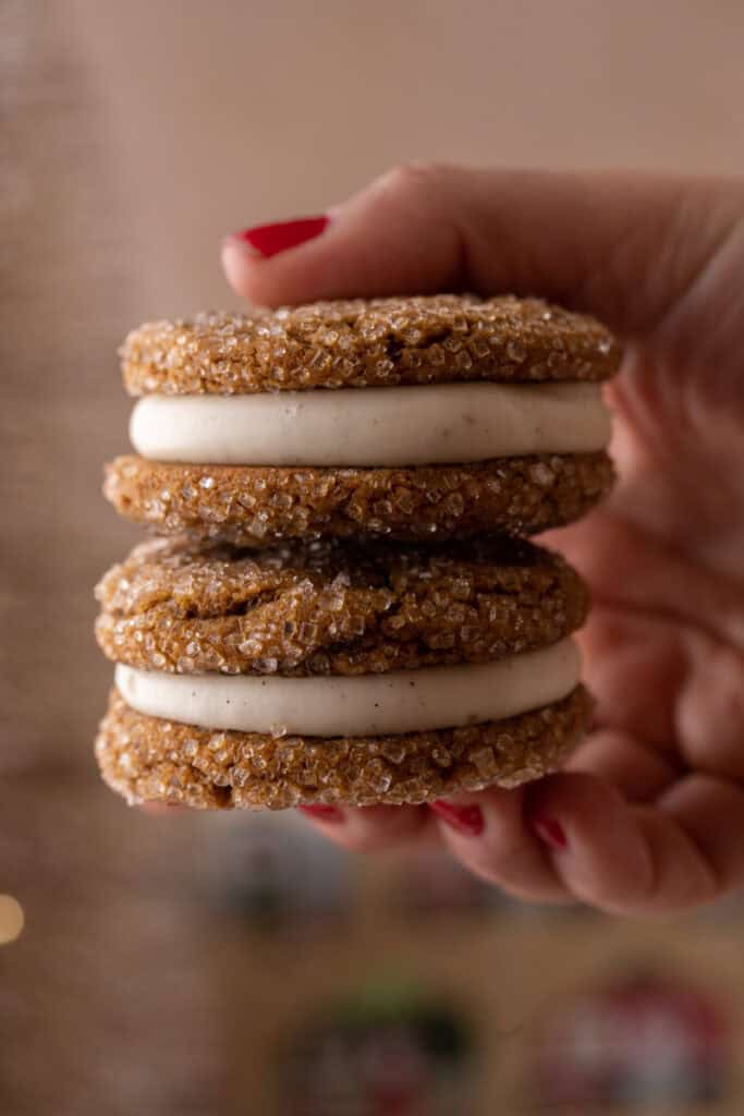 ginger molasses cookie sandwiches stacked on top of each other