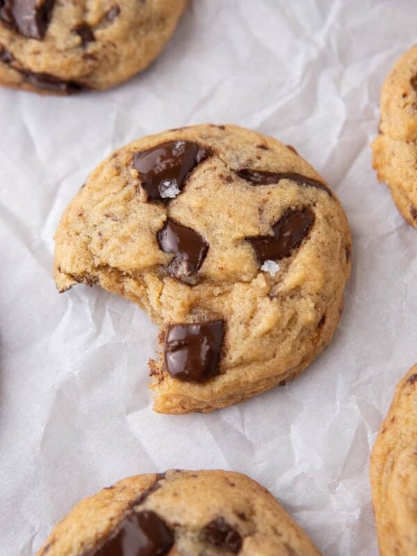 brown butter miso chocolate chip cookies with a bite taken out