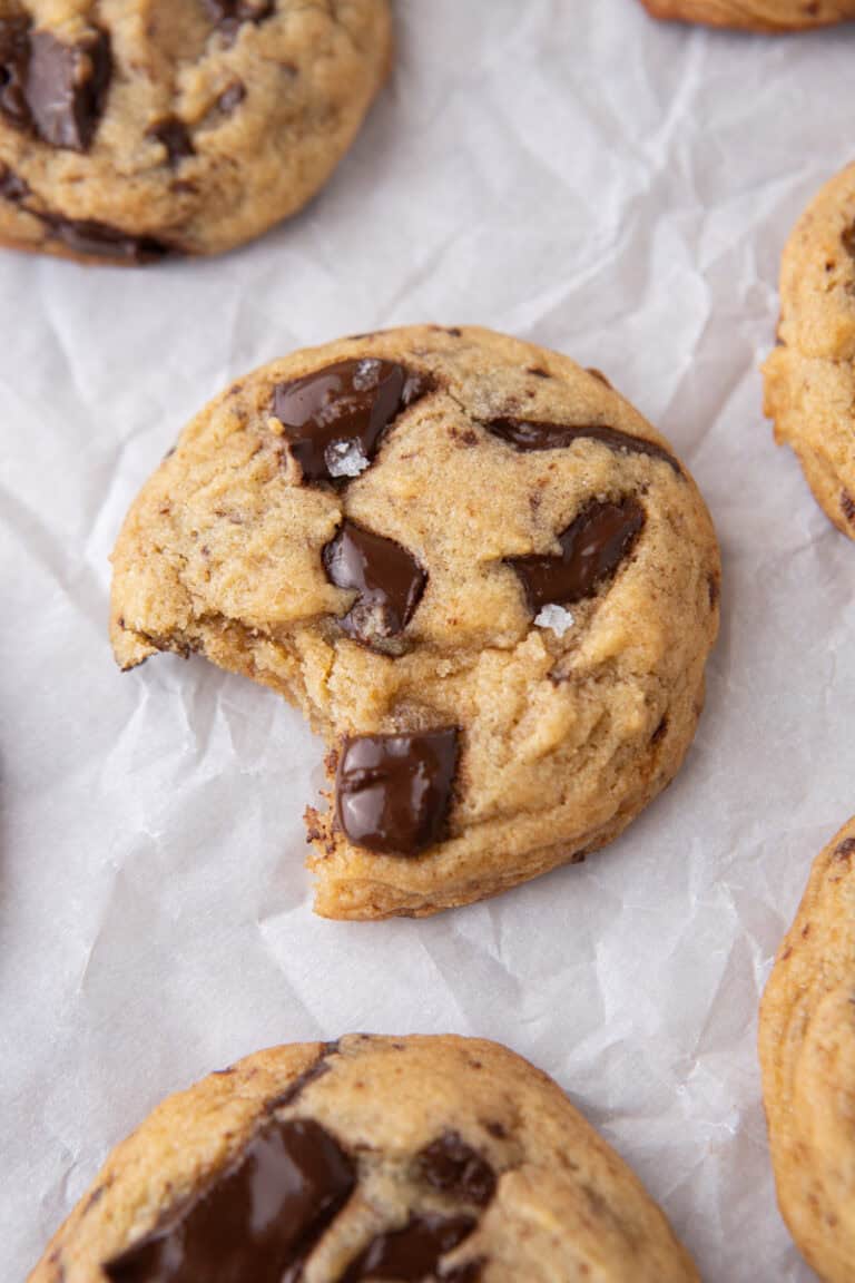 brown butter miso chocolate chip cookies with a bite taken out