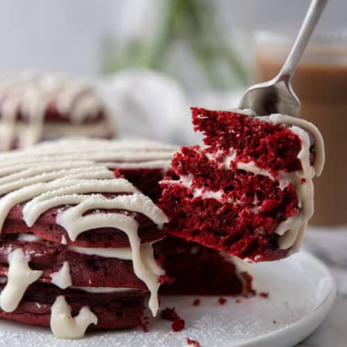 a stack of Red Velvet Pancakes Recipe on a plate